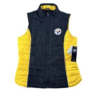 NWT Pittsburgh Steelers NFL Team Full Zip Women M Quilted Puffer Vest Black Gold